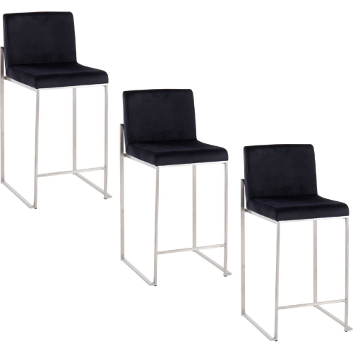 Fuji 26" High Back Counter Stool in Stainless Steel & Black Velvet (Set of 3)